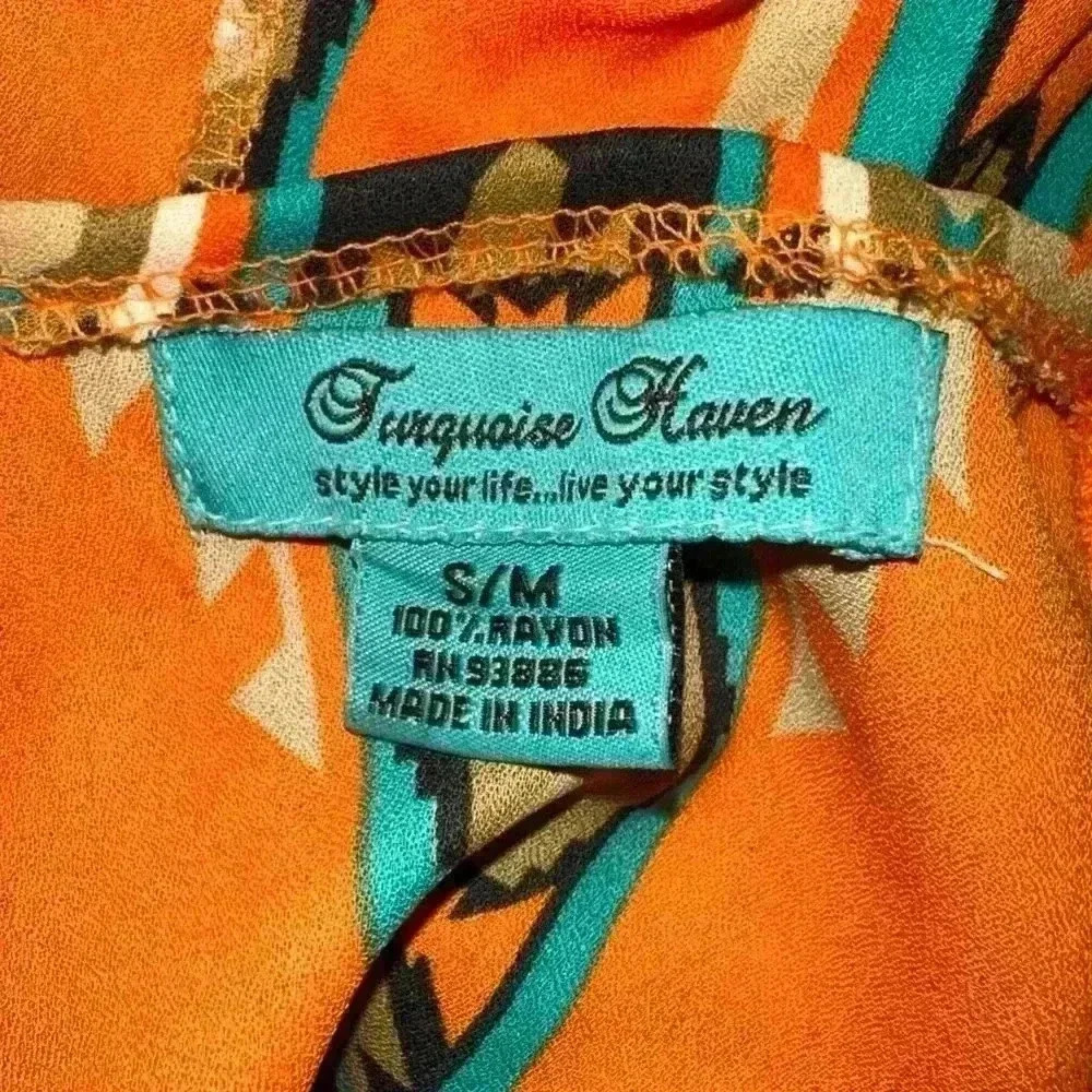 Turquoise Haven Long Rayon Kimono S/M Orange Teal Aztec / Western Wear Design - Picture 11 of 12